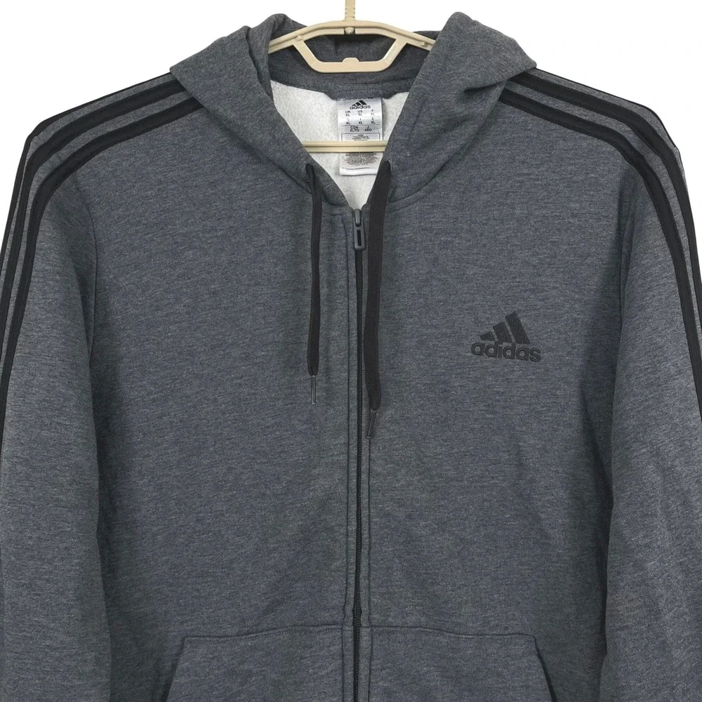 Adidas Essentials Mens Full Zip Hoodie XL Dark Grey 3-Stripe Fleece Sweatshirt